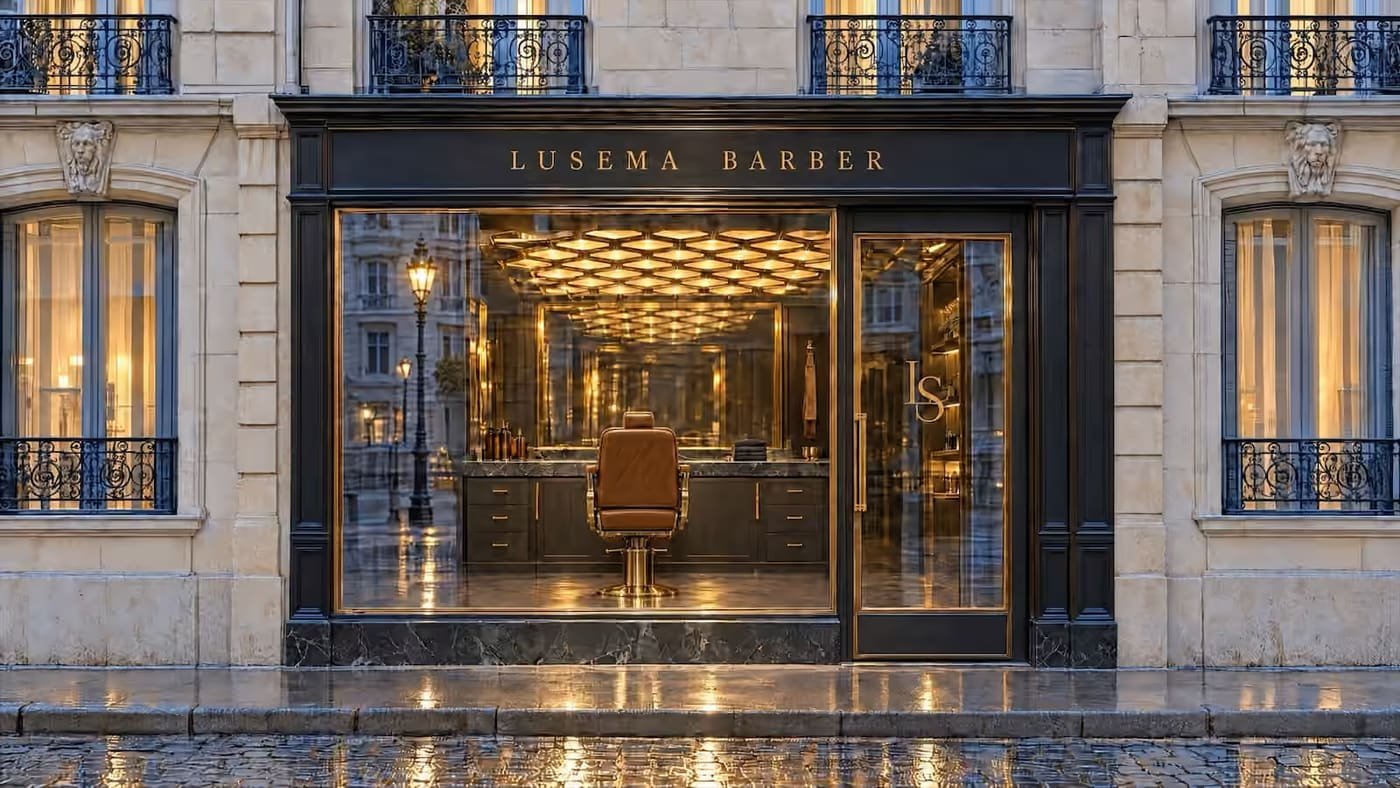 La devanture du salon Lusema Barber, rue Blatin, à l’aube : enseigne dorée, vitrine illuminée, pavés mouillés.