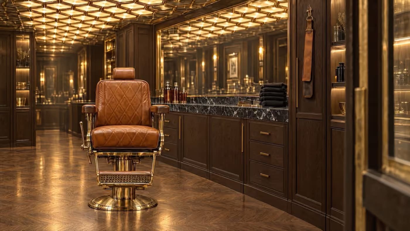 L’intérieur du salon : fauteuil de barbier en cuir cognac, plan de marbre noir, miroir et plafond nid d’abeille doré.