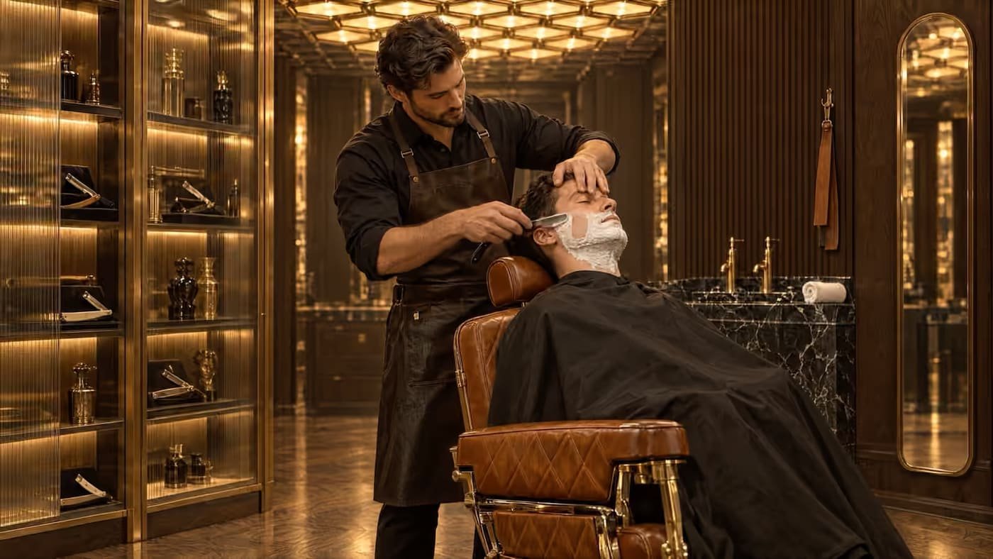 Le barbier rase un client au coupe-chou, devant les vitrines éclairées du salon.